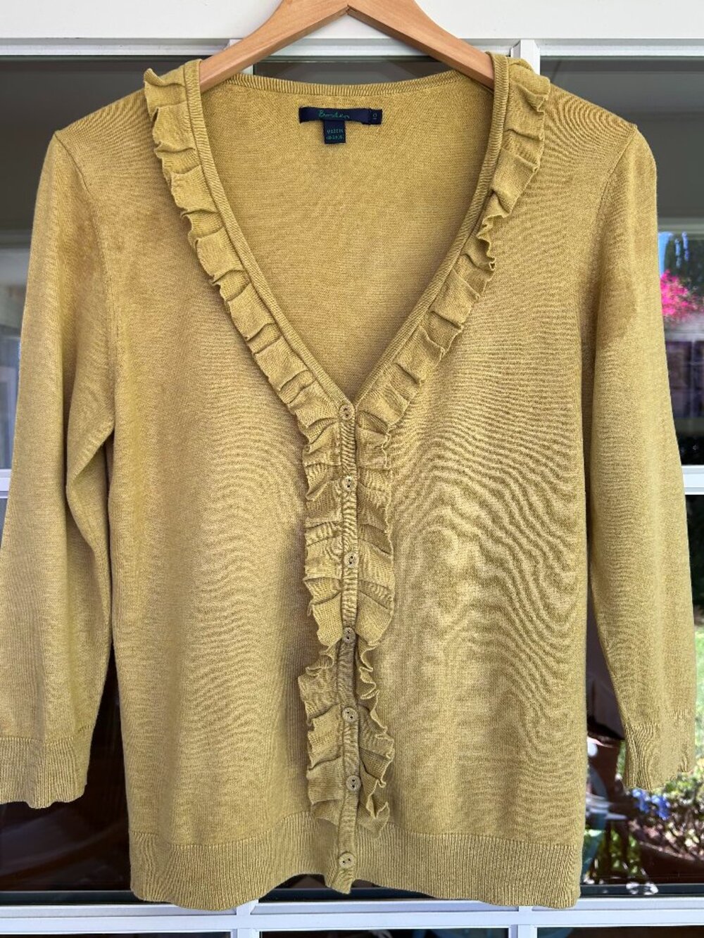 Boden mustard yellow 3/4 sleeve ruffled cardigan 6
